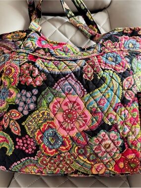 Vera Bradley Black Quilted Tote with Pink, Green & Yellow Floral Print
